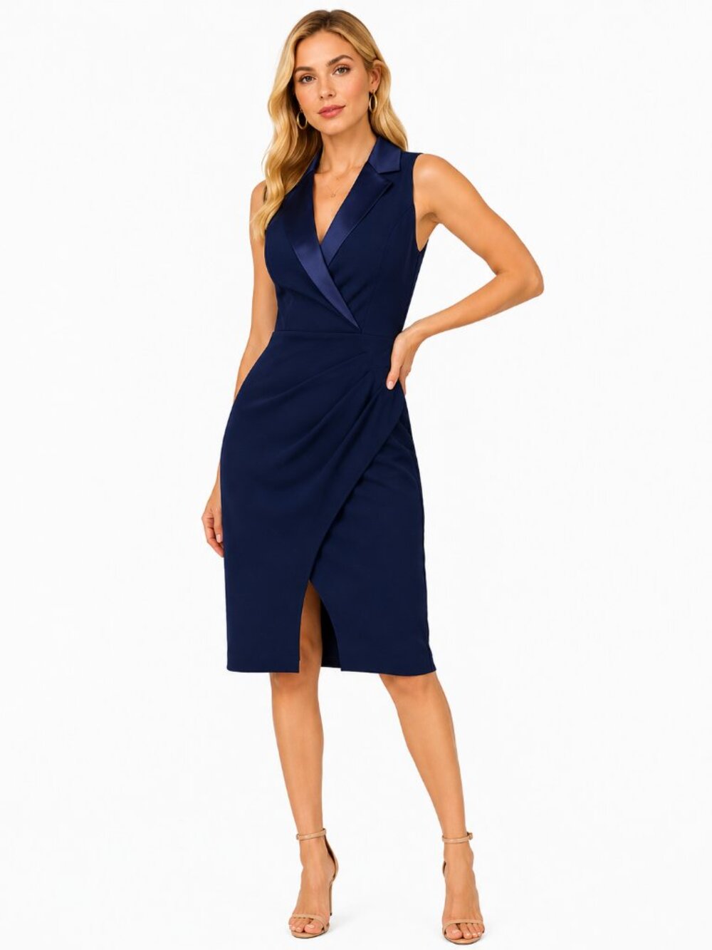 Adrianna Papell Wrap-Front Crepe Dress Navy Sateen